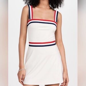 Reformation Strapless Dress in White with Red and Blue Stripes